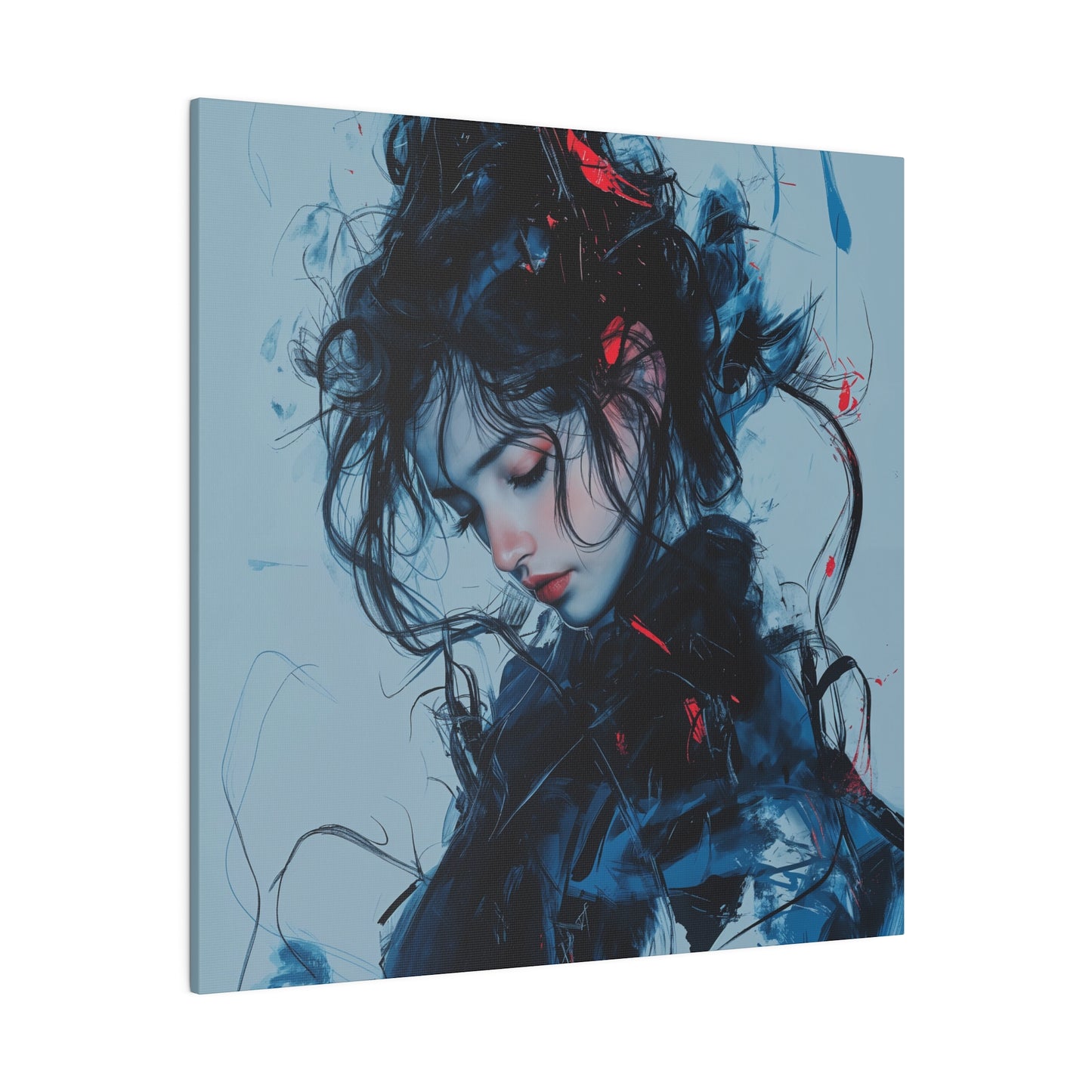 Serenity in Motion: Abstract Blue and Red Portrait Canvas