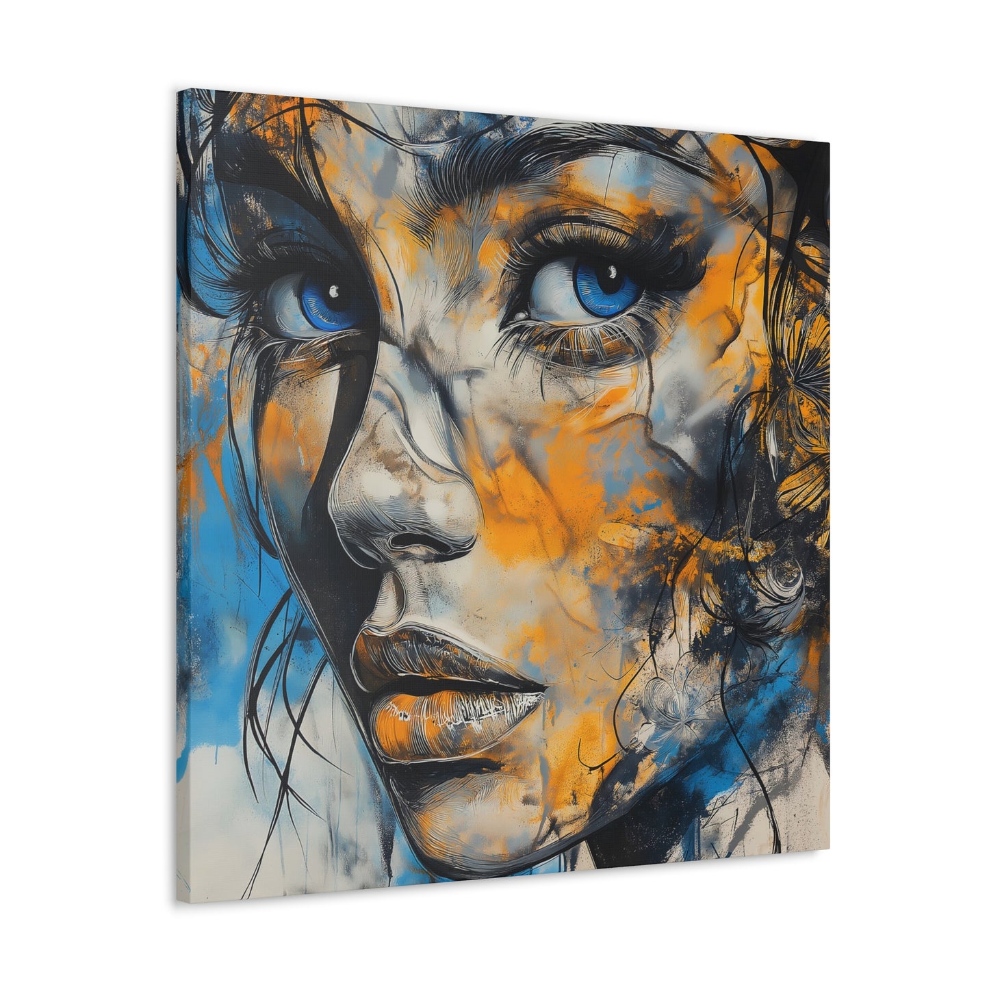 Vibrant Gaze: Blue and Gold Abstract Portrait – Canvas Gallery Wrap