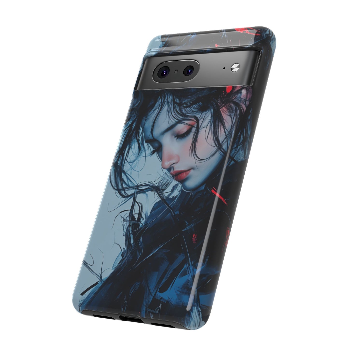 Protective Phone Case – Dual Layer Blue & Red Abstract Portrait Design