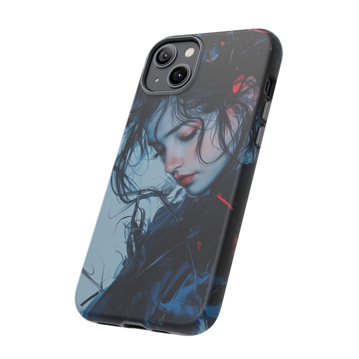 Protective Phone Case – Dual Layer Blue & Red Abstract Portrait Design