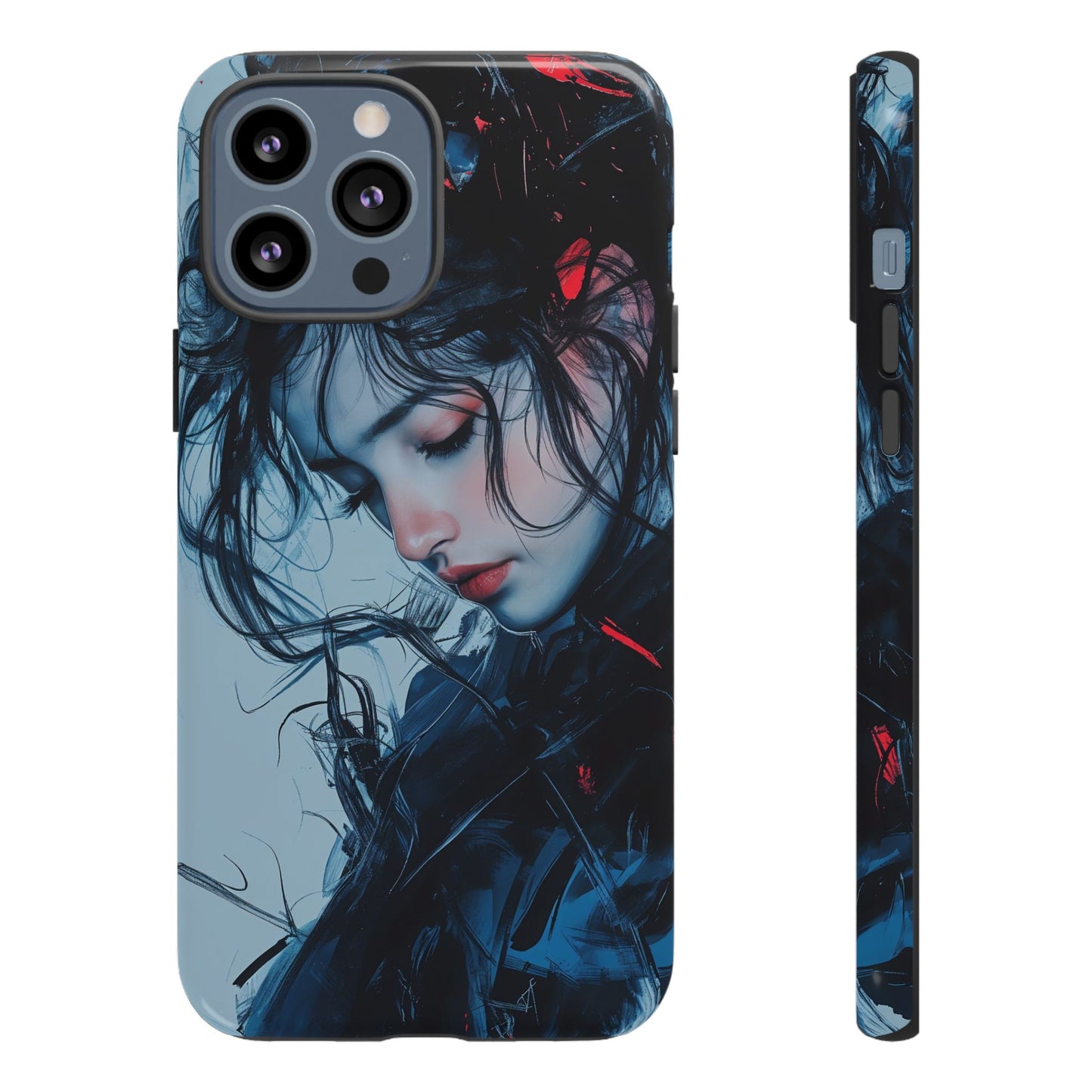 Protective Phone Case – Dual Layer Blue & Red Abstract Portrait Design