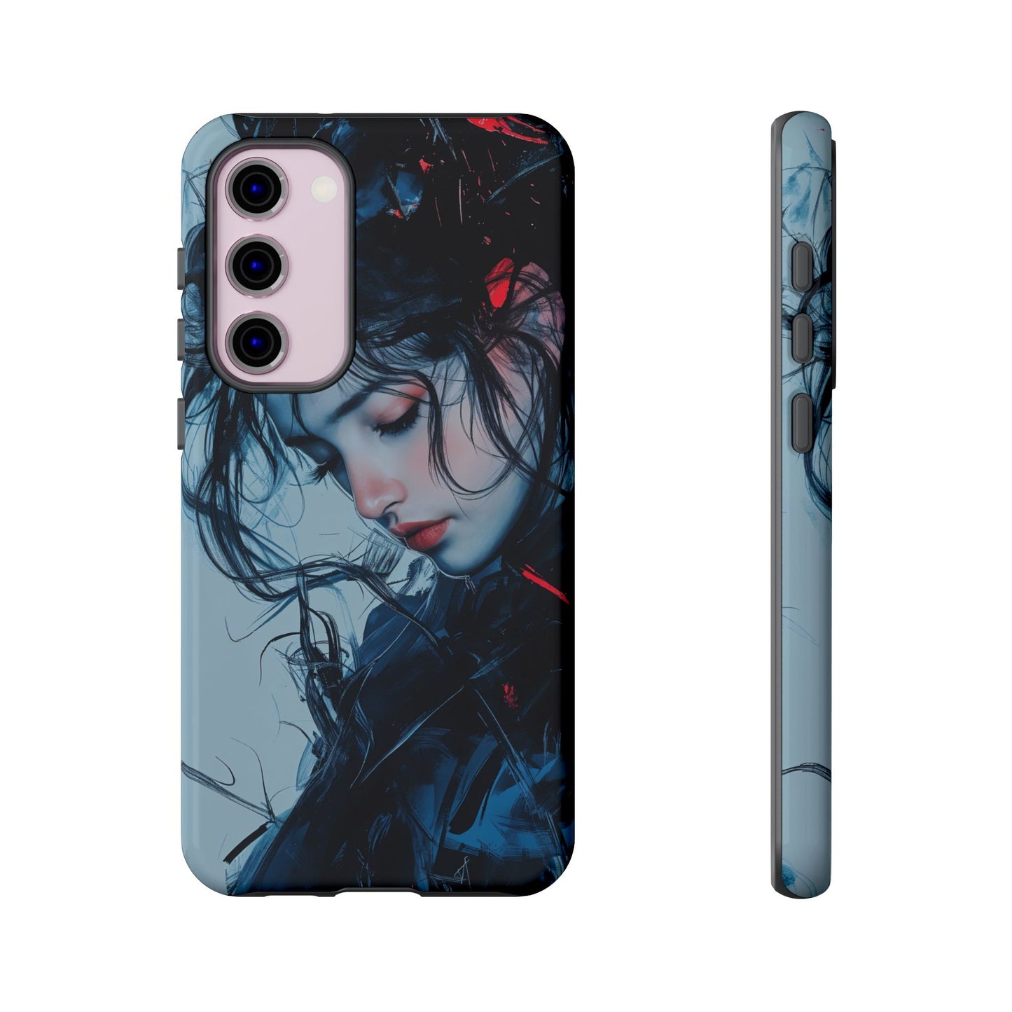 Protective Phone Case – Dual Layer Blue & Red Abstract Portrait Design