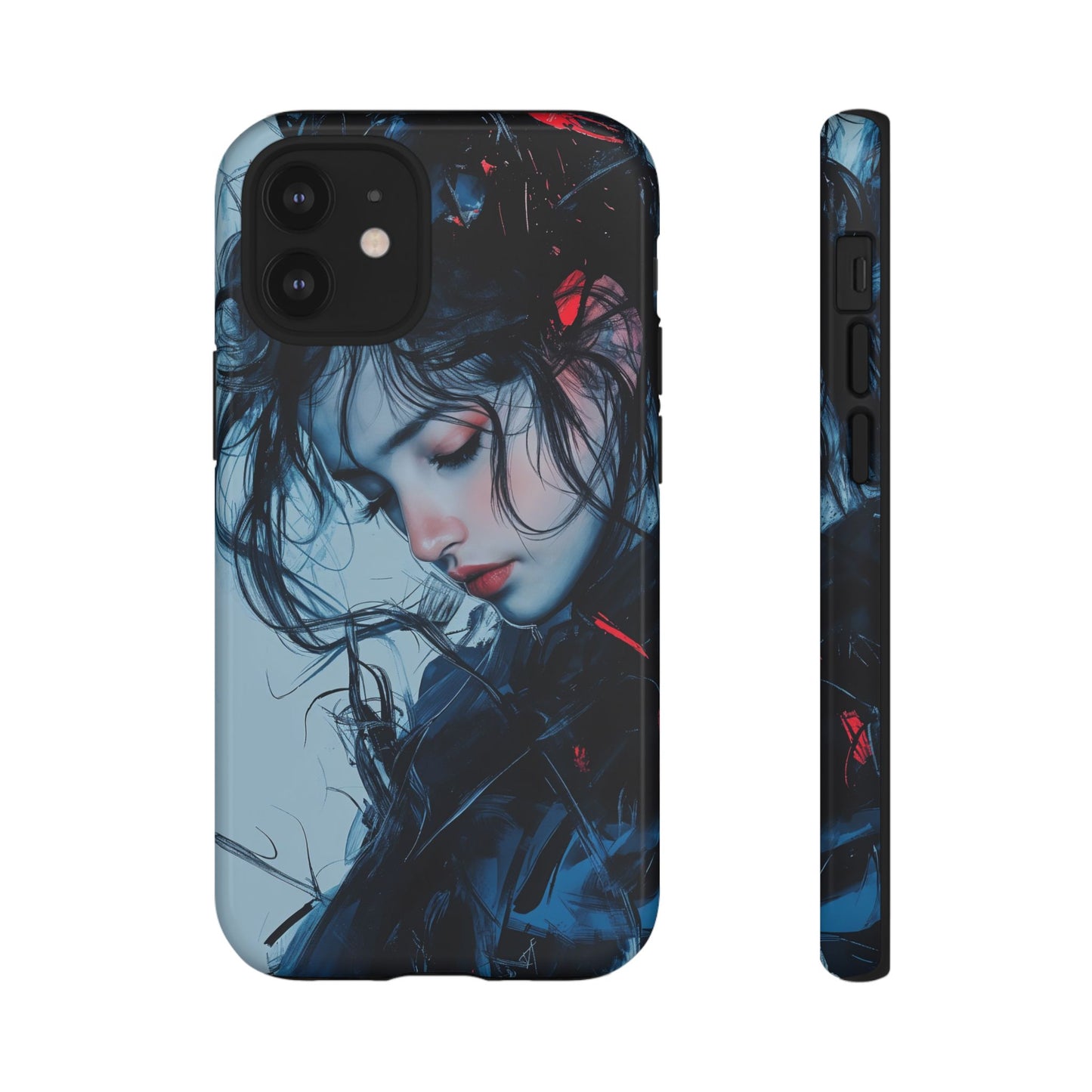 Protective Phone Case – Dual Layer Blue & Red Abstract Portrait Design