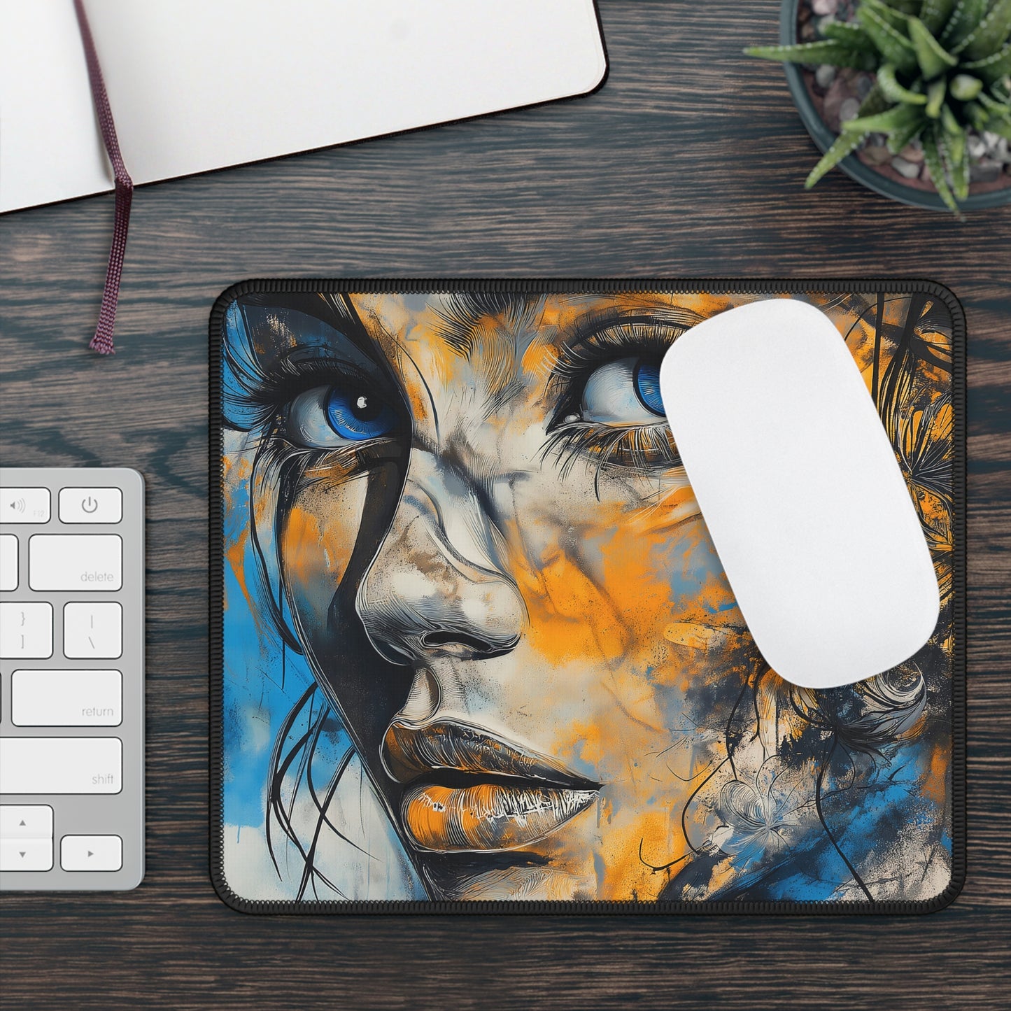 Blue & Gold Abstract Portrait Gaming Mouse Pad – Smooth & Stylish