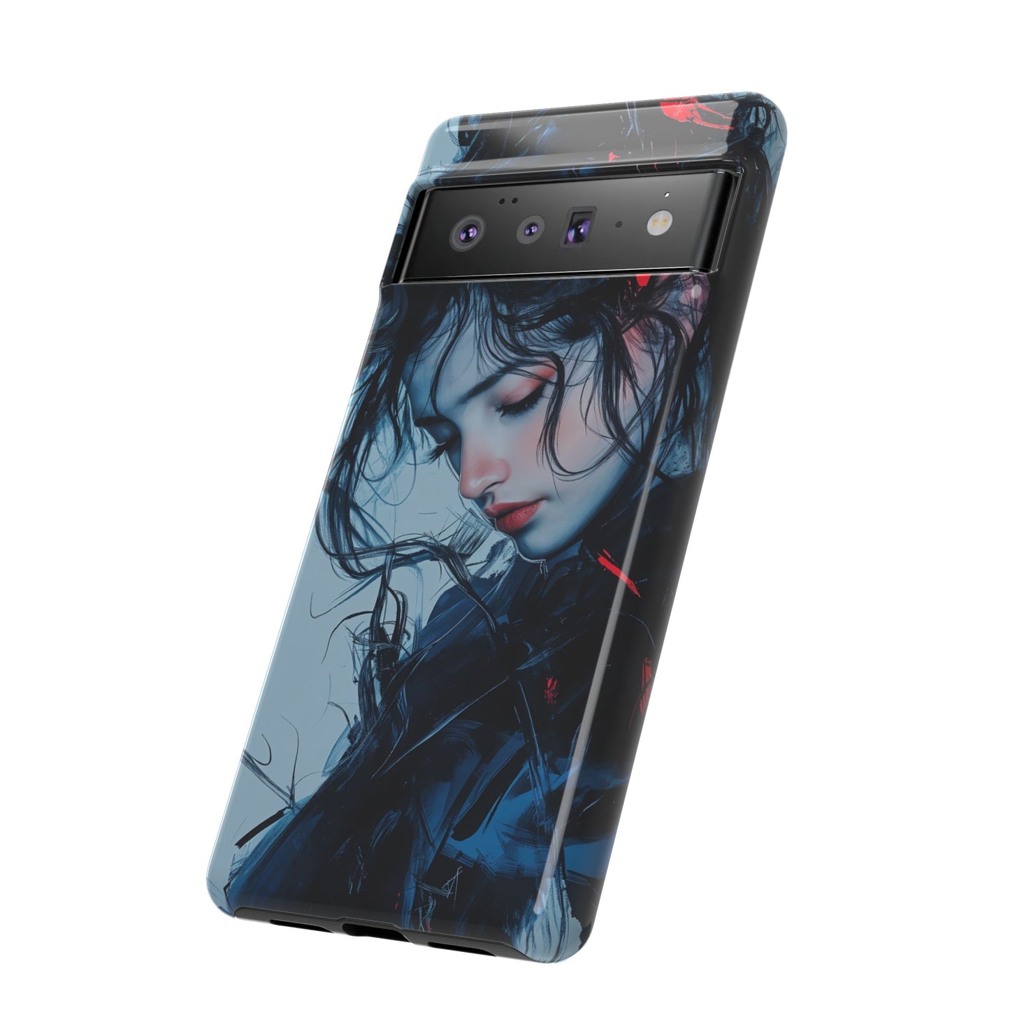 Protective Phone Case – Dual Layer Blue & Red Abstract Portrait Design