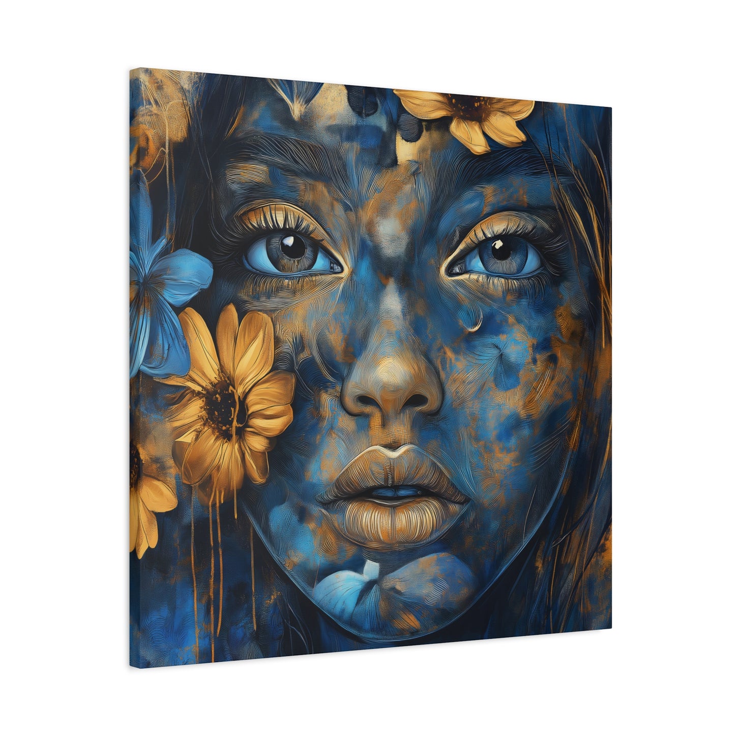 Stunning Digital Art Matte Canvas - Floral Ethereal Beauty in Blue & Gold - 1.25” Stretched Canvas