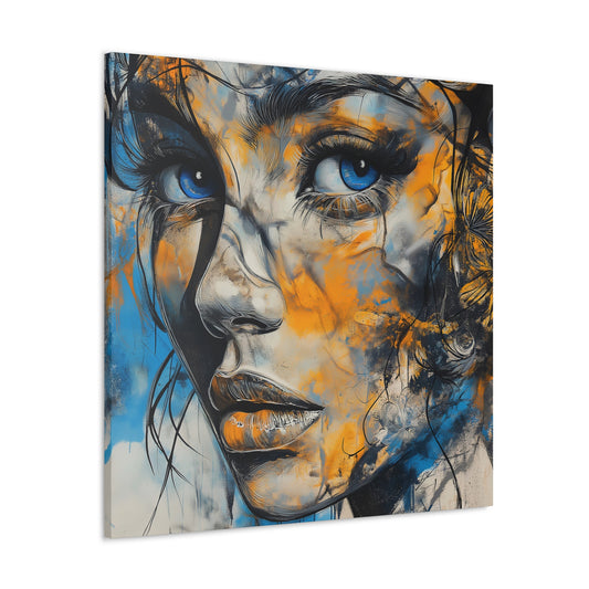 Vibrant Gaze: Blue and Gold Abstract Portrait – Canvas Gallery Wrap