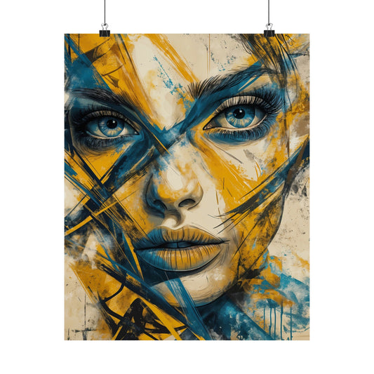 Radiant Soul - Striking Matte Vertical Poster - Bold Blue & Gold Portrait Art on Museum-Grade Paper