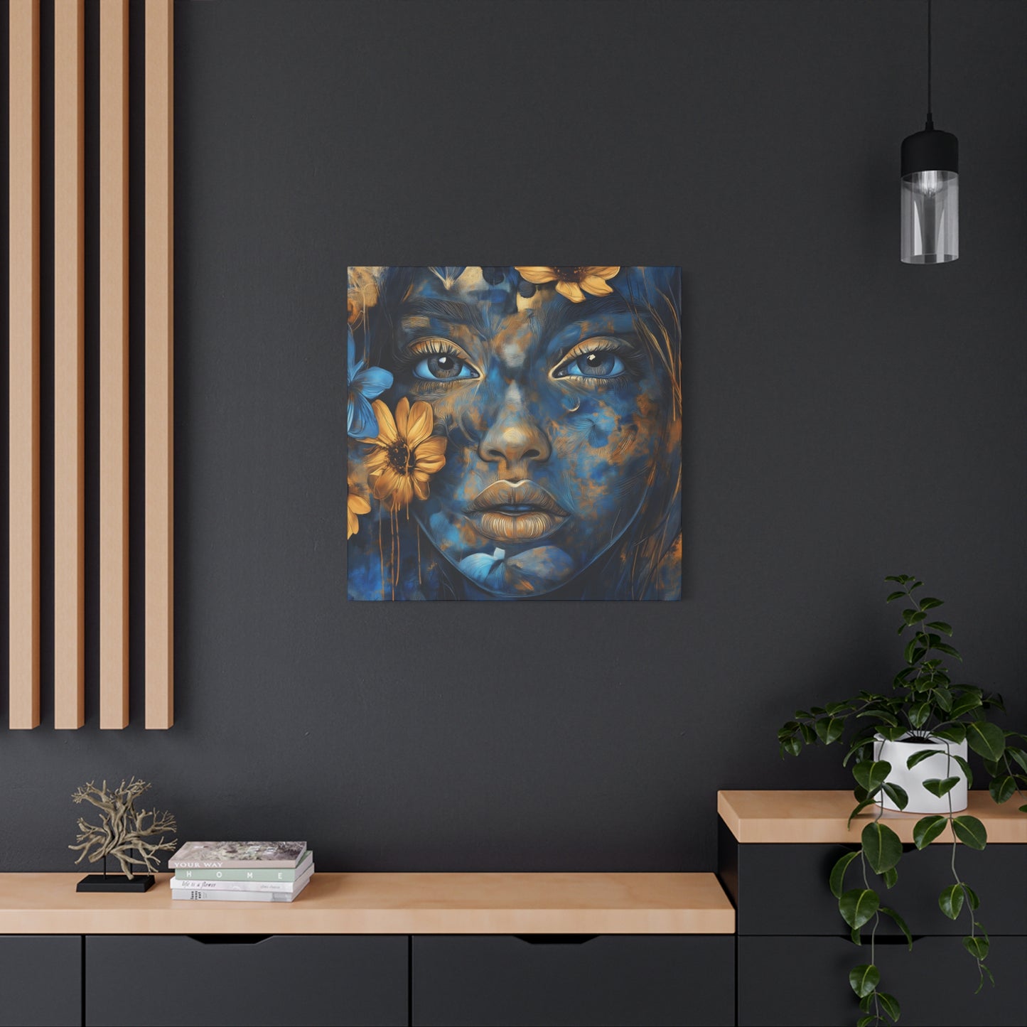 Stunning Digital Art Matte Canvas - Floral Ethereal Beauty in Blue & Gold - 1.25” Stretched Canvas