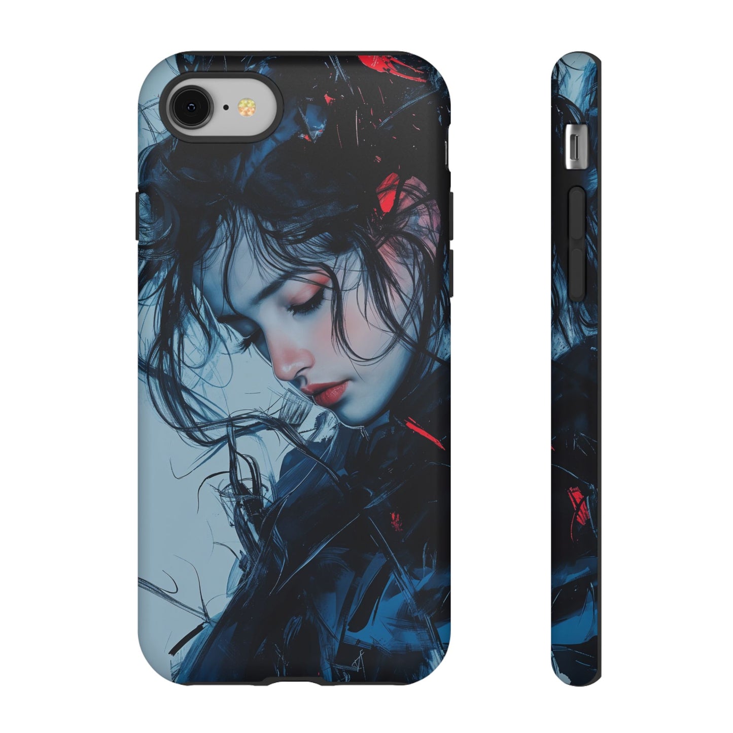 Protective Phone Case – Dual Layer Blue & Red Abstract Portrait Design