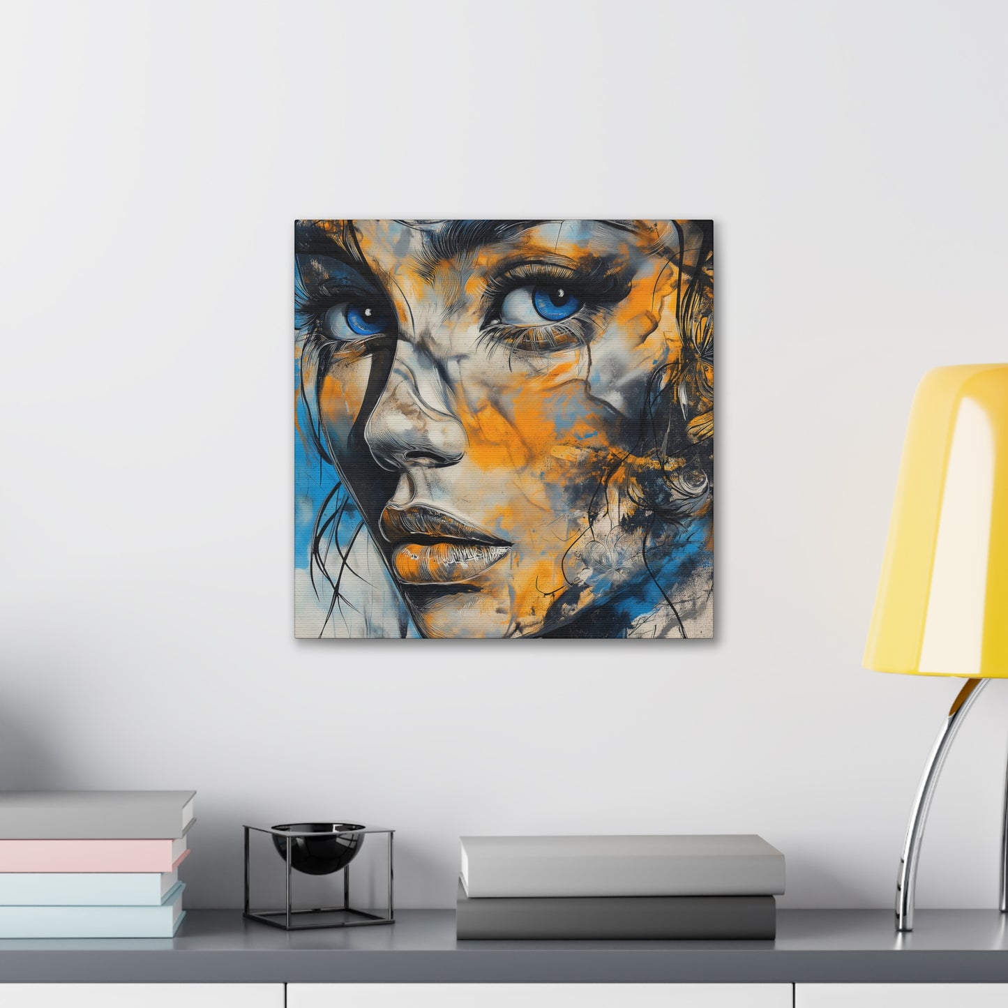 Vibrant Gaze: Blue and Gold Abstract Portrait – Canvas Gallery Wrap