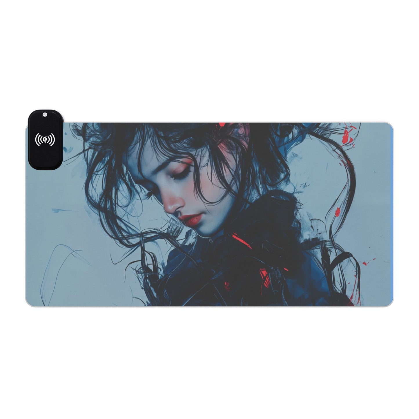 LED Gaming Mouse Pad with Wireless Charging – Blue & Red Abstract Portrait Design