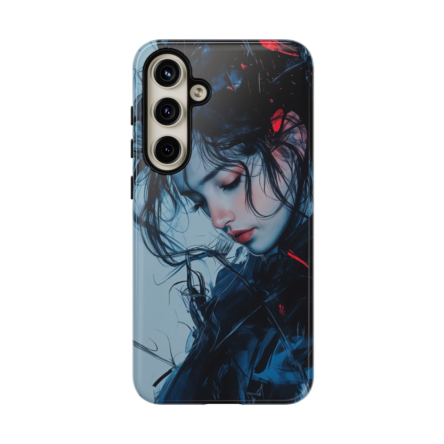 Protective Phone Case – Dual Layer Blue & Red Abstract Portrait Design